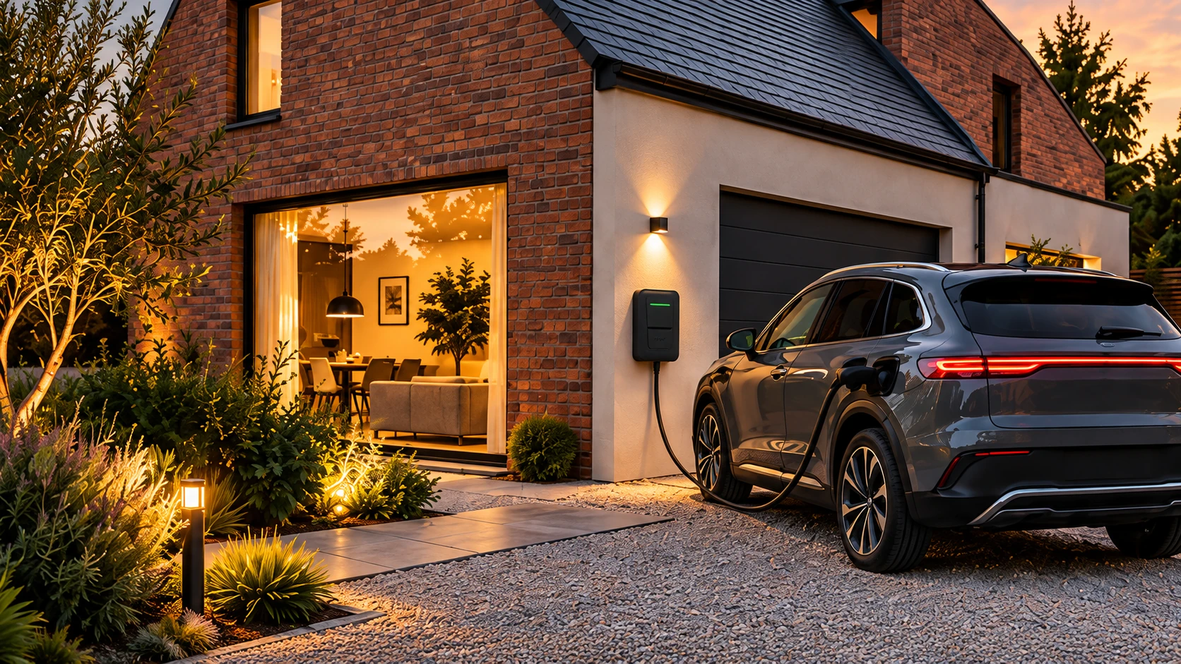 Illustration d’une voiture en recharge devant une maison au crépuscule